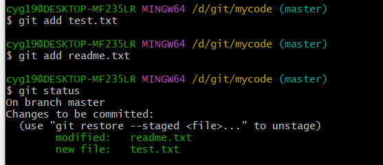 先使用git add 命令把2个文件都添加到暂存区中，再使用git status来查看下状态